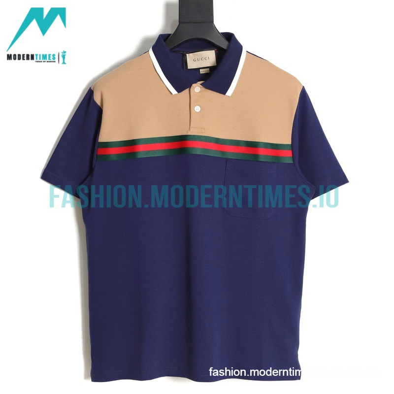 Gucci - 23ss Color Contrast Red/Green Ribbon Navy Polo Shirt