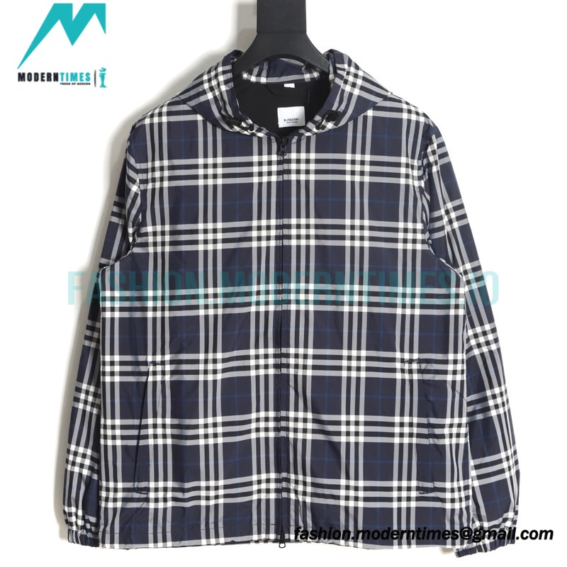 Burberry - 23FW New Blue And White Checked Hooded Jacket