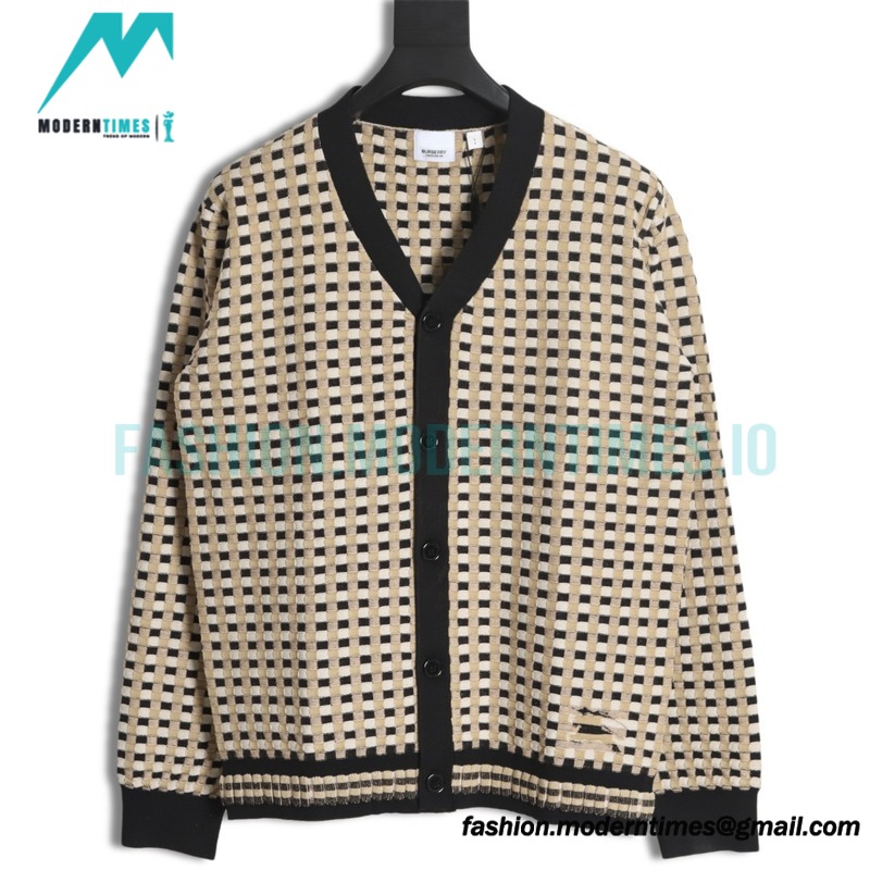 Burberry - 23FW Black And White Plaid V-neck Knit Sweater Cardigan