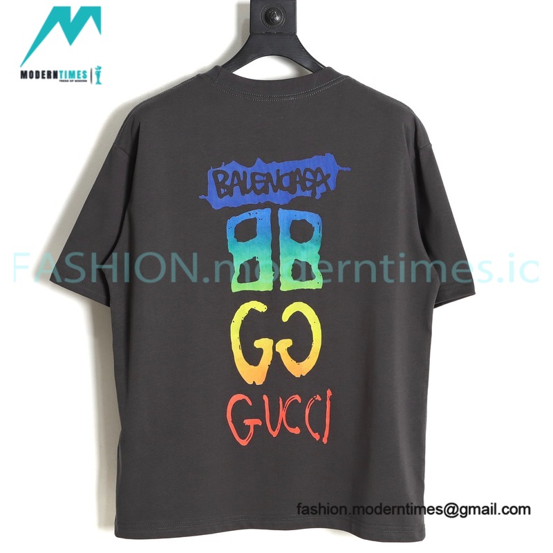Balenciaga - Gucci 2023 Co-branded Color Gradient Logo Spring/Summer New T-shirt