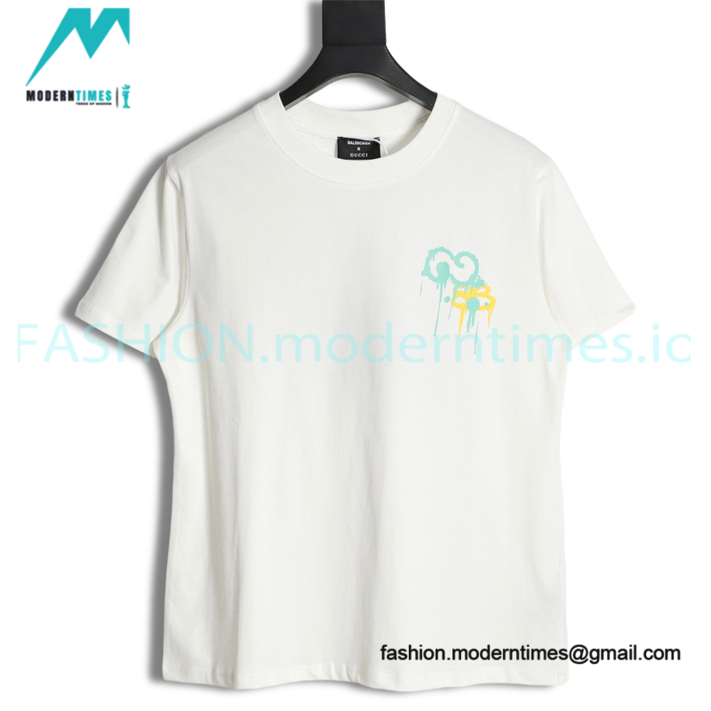 Balenciaga - Gucci Co-branded Green and Yellow Fluid Graffiti Print Short Sleeve