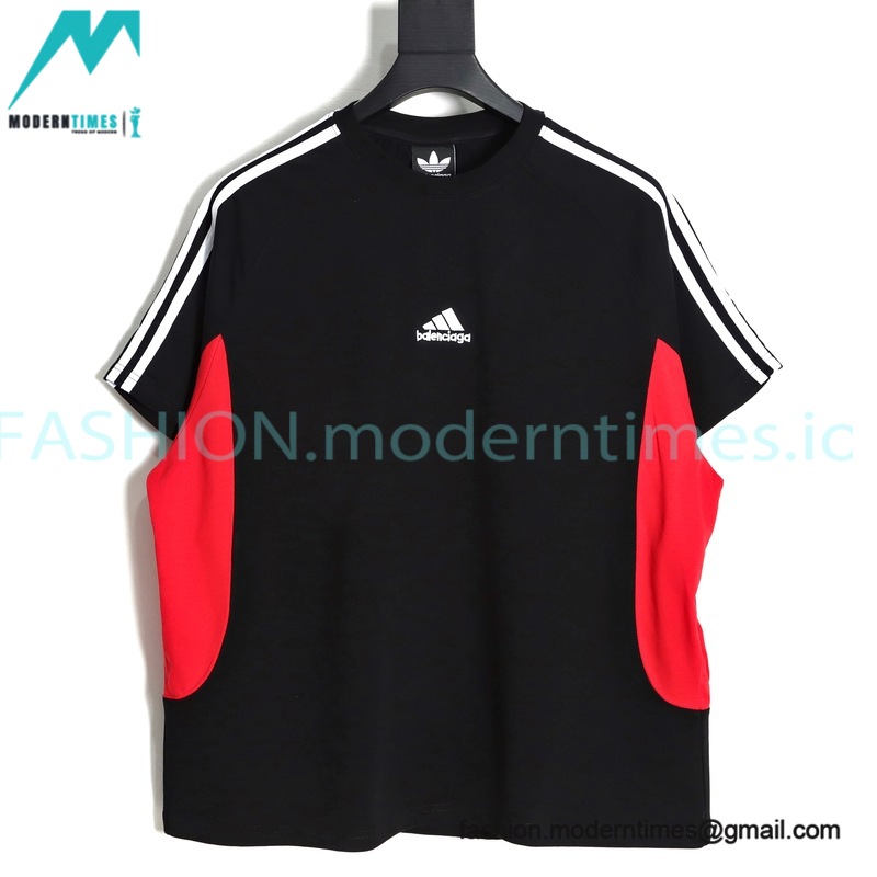 Balenciaga - Adidas Co-branded 23SS Black and Red Patchwork Short Sleeve T-shirt