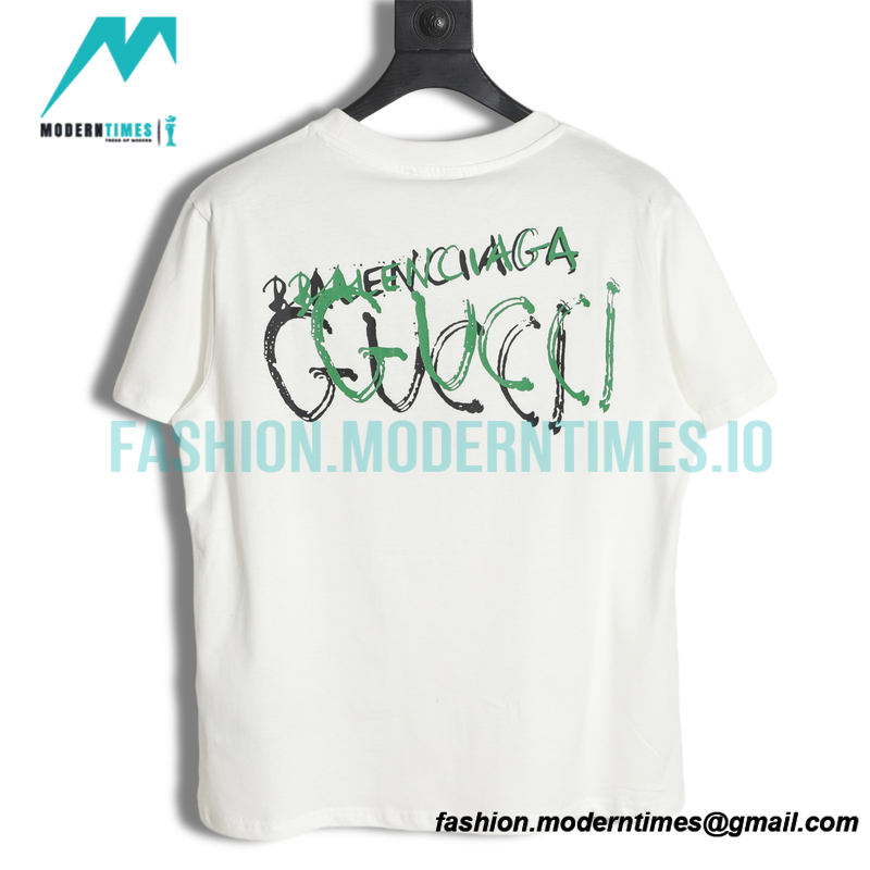Balenciaga - Gucci Co-branded Style White/Green Graffiti Short Sleeve
