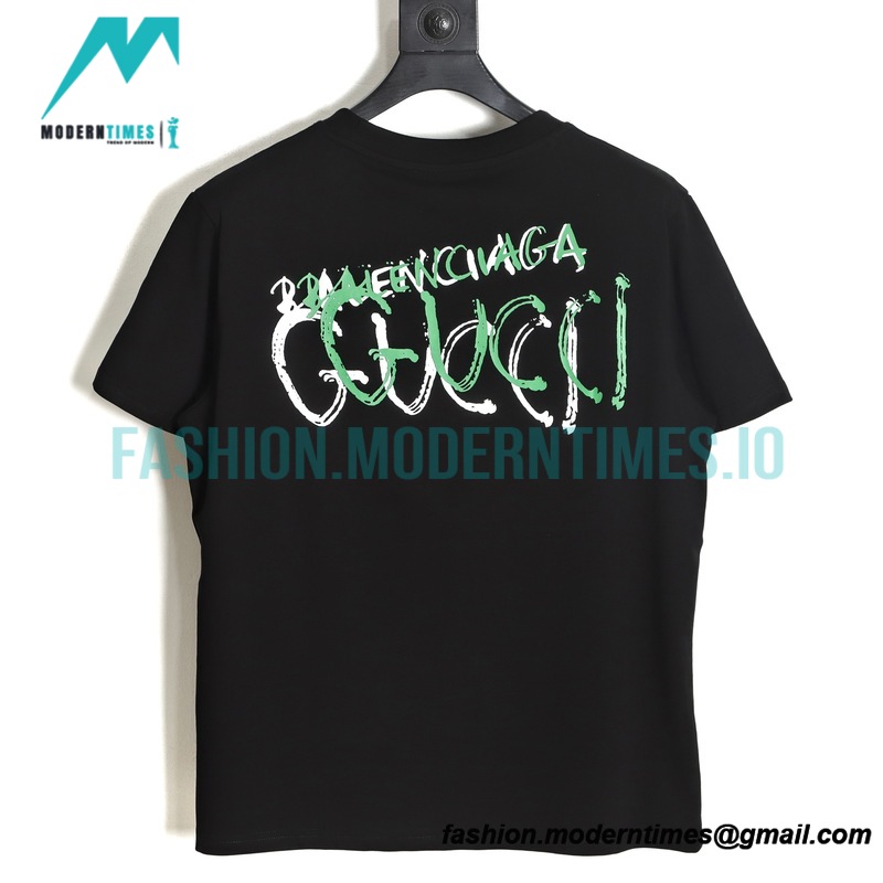 Balenciaga - Gucci Co-branded Style White/Green Graffiti Short Sleeve