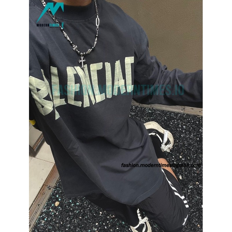Balenciaga - 23FW Large Label Double B Crack Printed Long Sleeve T-shirt