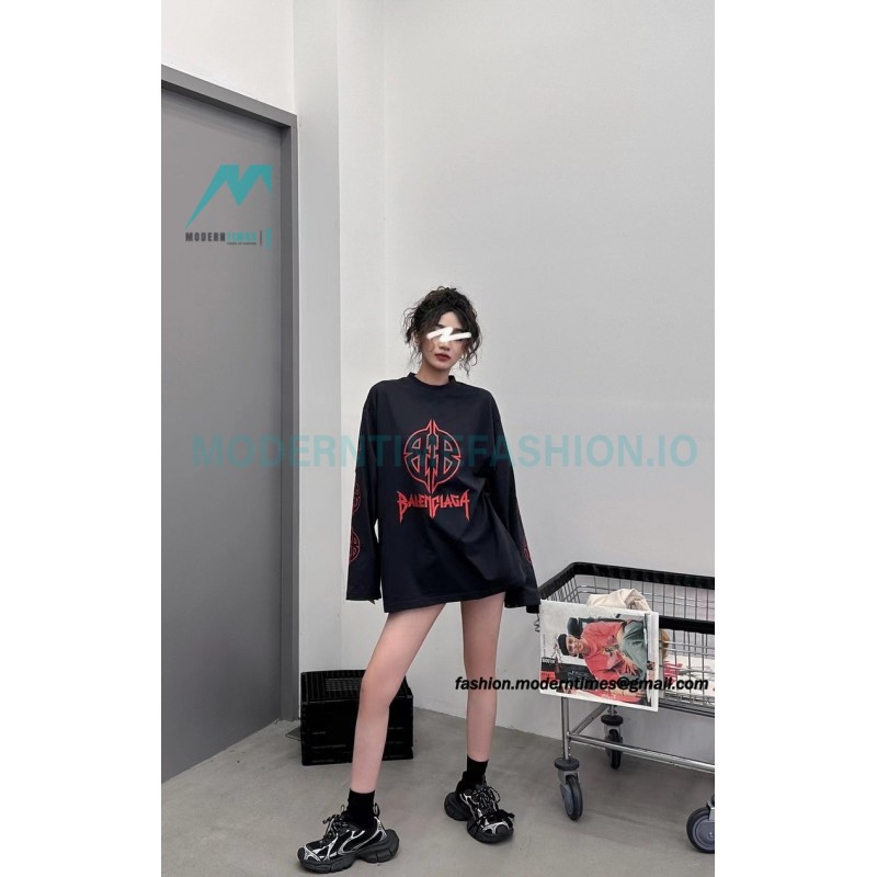 Balenciaga - 23FW Large Label Double B Crack Printed Long Sleeve T-shirt