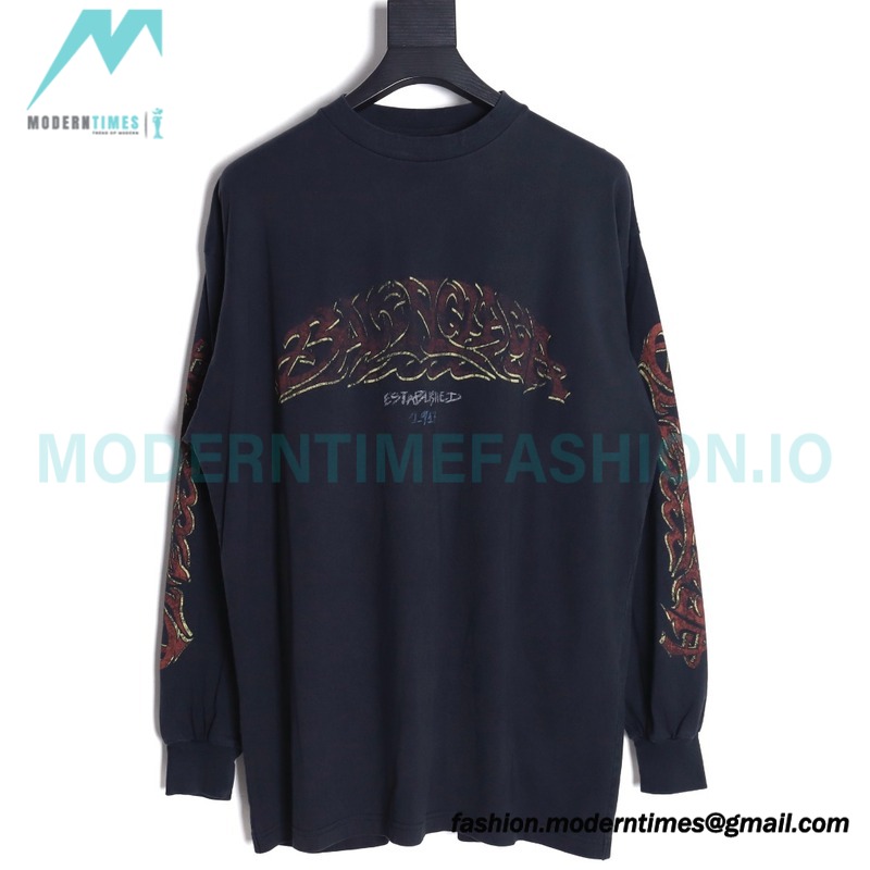 Balenciaga - Flame Letter Round Neck Long Sleeve T-shirt