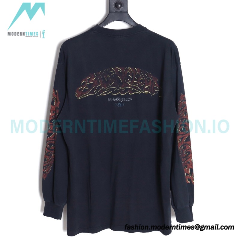  Balenciaga - Flame Letter Round Neck Long Sleeve T-shirt