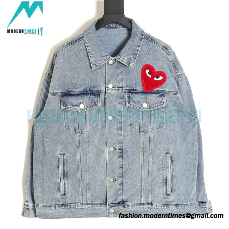 Comme Des Garcons - Denim Jacket With Big Hearts In Red