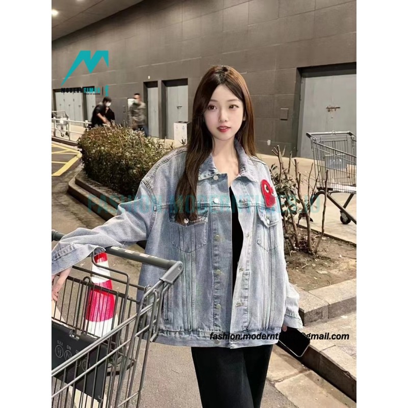 Comme Des Garcons - Denim Jacket With Big Hearts In Red