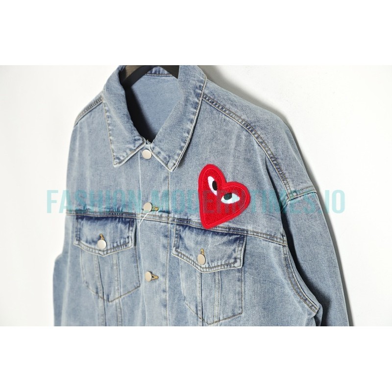 Comme Des Garcons - Denim Jacket With Big Hearts In Red