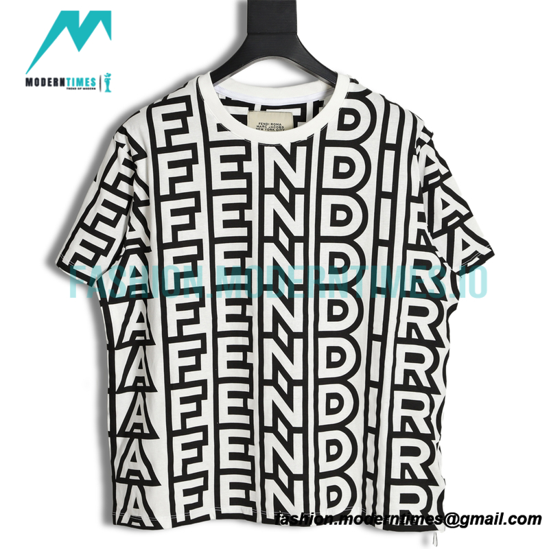 Fendi- 23SS Black-White Full Letter-printed Short-sleeved T-shirt