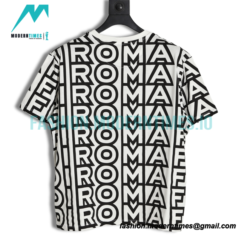 Fendi- 23SS Black-White Full Letter-printed Short-sleeved T-shirt