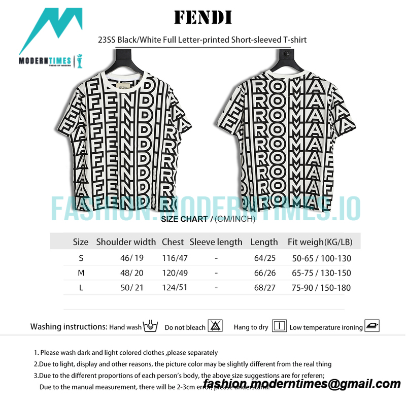 Fendi- 23SS Black-White Full Letter-printed Short-sleeved T-shirt