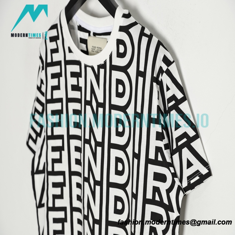 Fendi- 23SS Black-White Full Letter-printed Short-sleeved T-shirt
