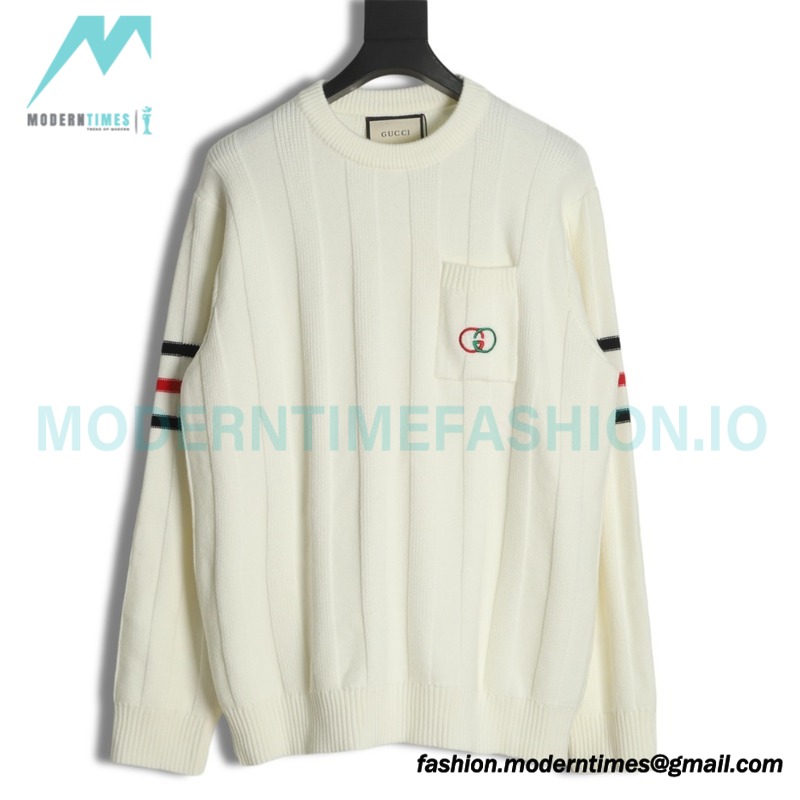 Gucci - Chest Pocket Embroidered Double G Striped Sweater