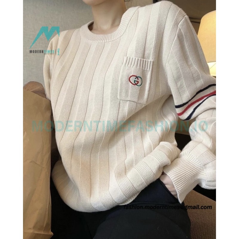 Gucci - Chest Pocket Embroidered Double G Striped Sweater