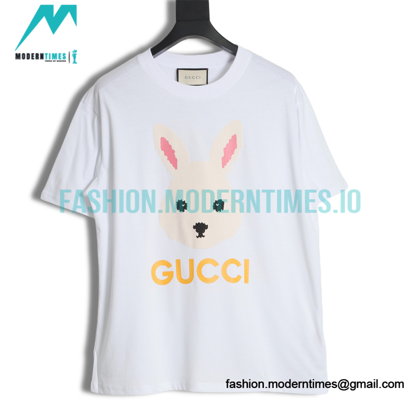 Gucci - 23ss Chest Pink Bunny Print Crew Neck Short-sleeved T-shirt