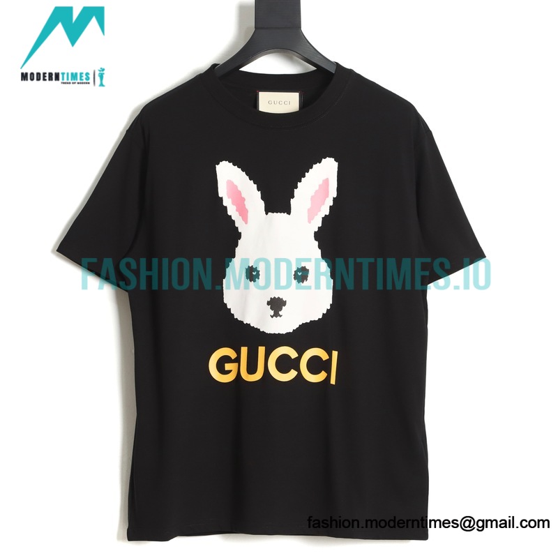 Gucci - 23ss Chest Pink Bunny Print Crew Neck Short-sleeved T-shirt