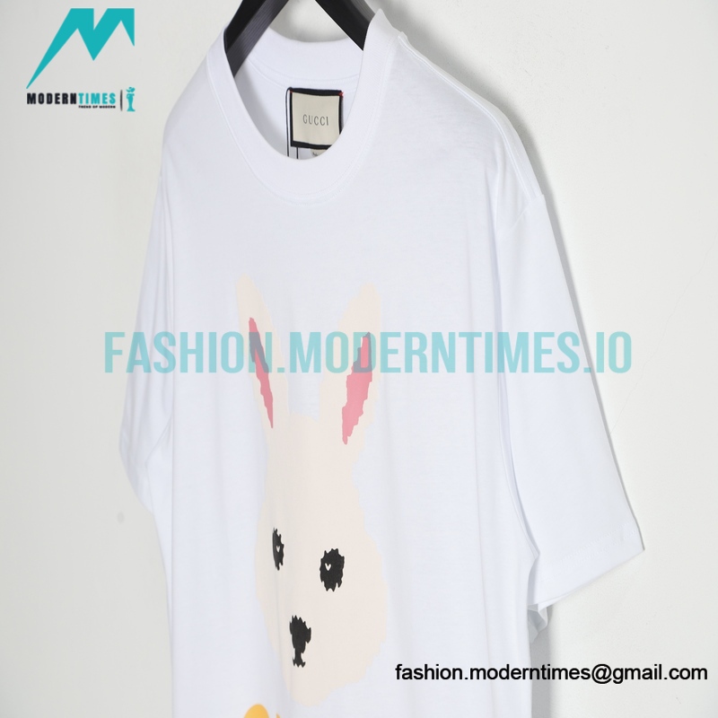 Gucci - 23ss Chest Pink Bunny Print Crew Neck Short-sleeved T-shirt