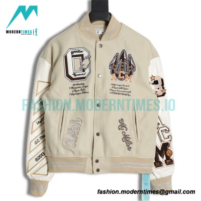 Off White - Milan Stitched Embroidery Heavy Hot Diamond Baseball Jacket