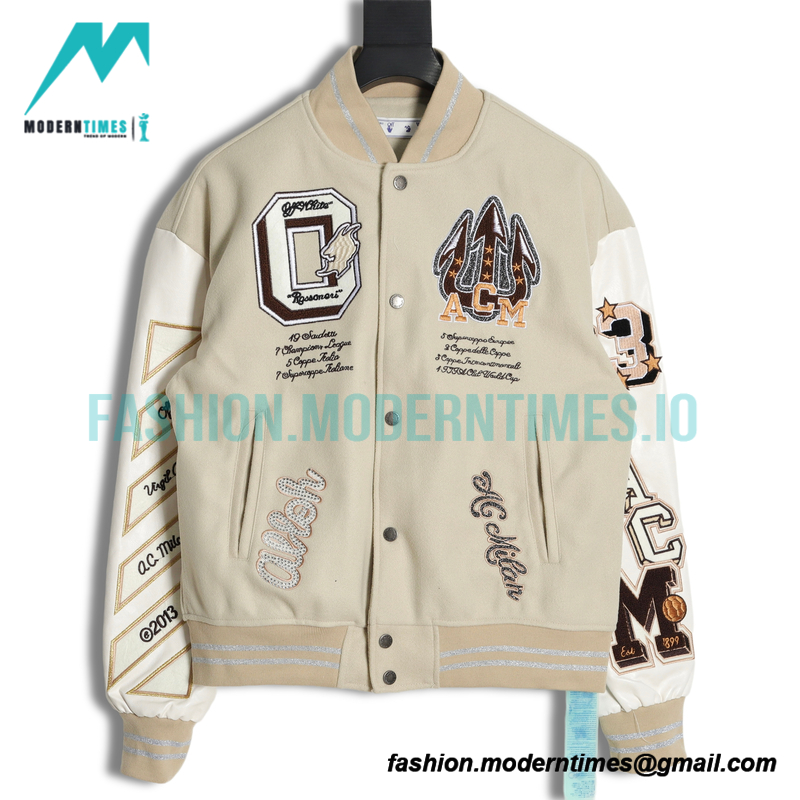 Off White - Milan Stitched Embroidery Heavy Hot Diamond Baseball Jacket