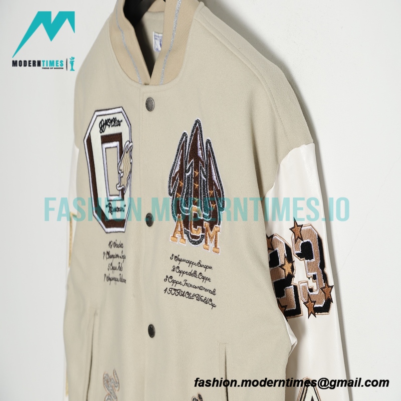 Off White - Milan Stitched Embroidery Heavy Hot Diamond Baseball Jacket