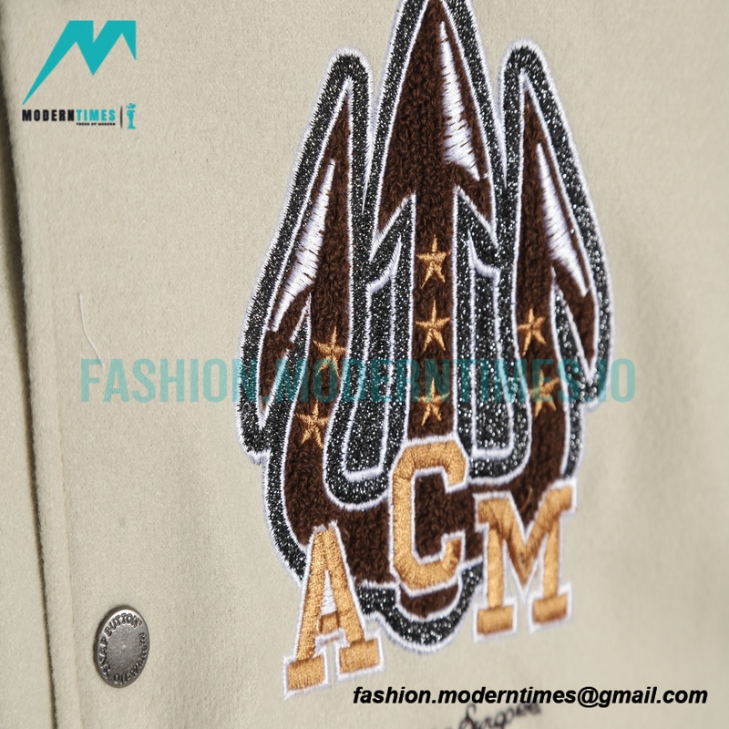 Off White - Milan Stitched Embroidery Heavy Hot Diamond Baseball Jacket