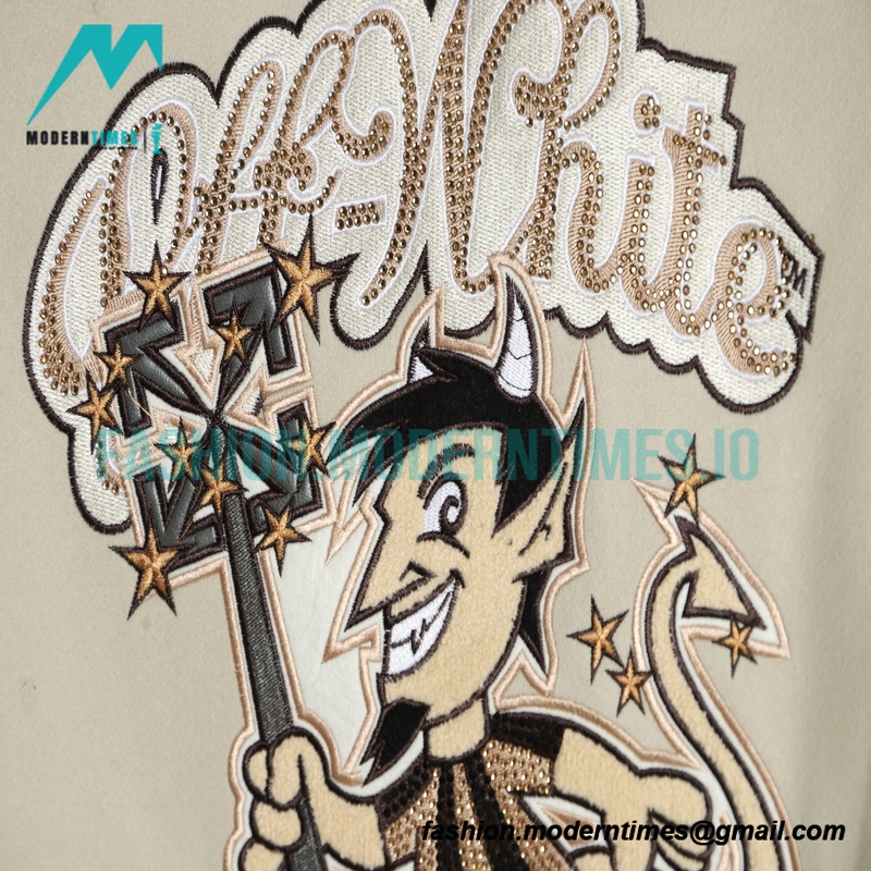 Off White - Milan Stitched Embroidery Heavy Hot Diamond Baseball Jacket