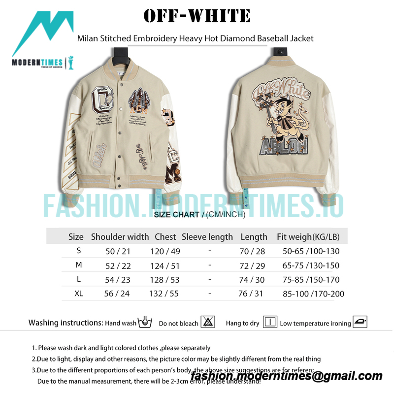 Off White - Milan Stitched Embroidery Heavy Hot Diamond Baseball Jacket