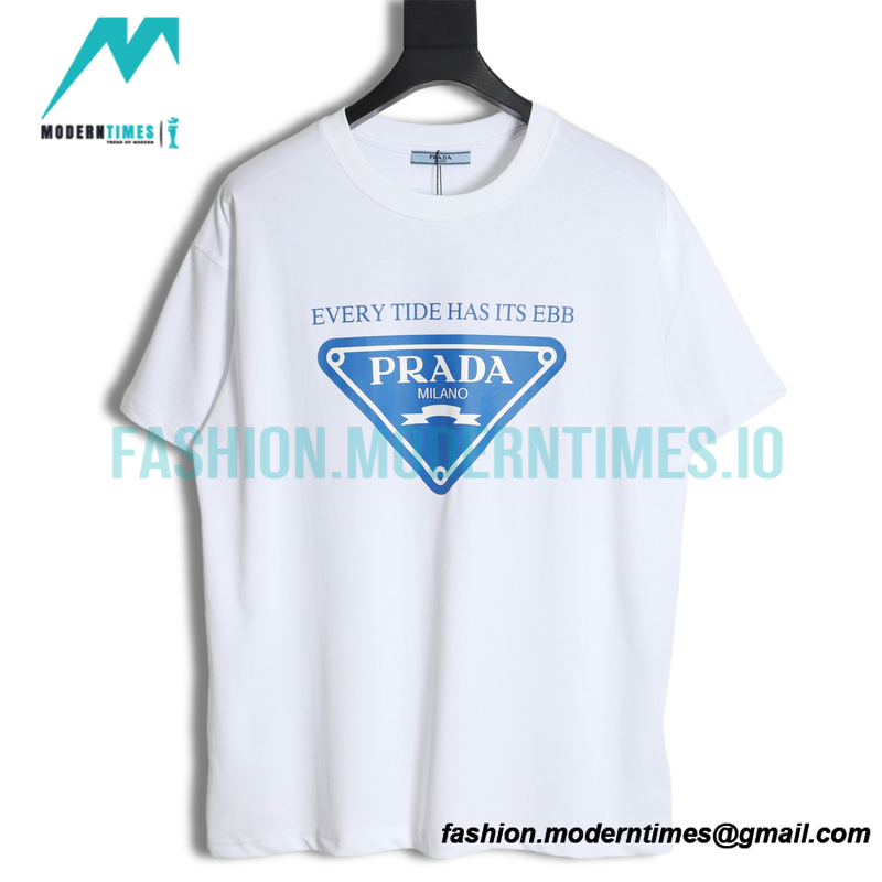 Prada - Short Sleeve T-shirt With Blue Chest Triangle Letter Print