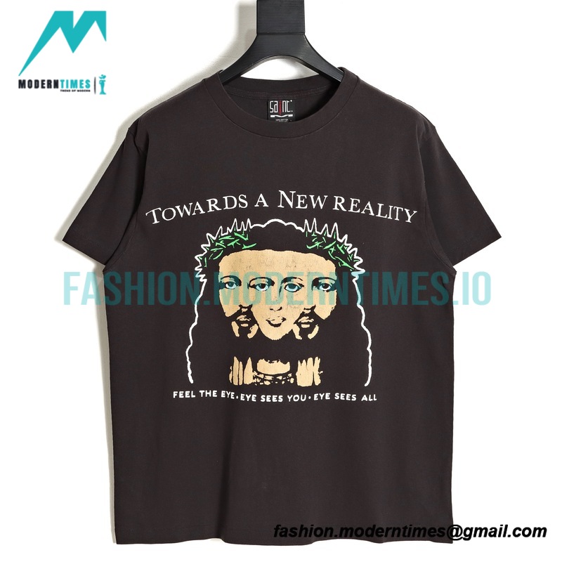 Saint Michael - Black Three-faced Man Made Old Printed Short-sleeved T-shirt