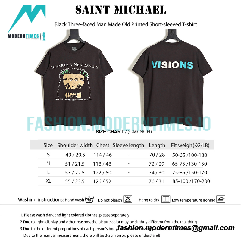 Saint Michael - Black Three-faced Man Made Old Printed Short-sleeved T-shirt