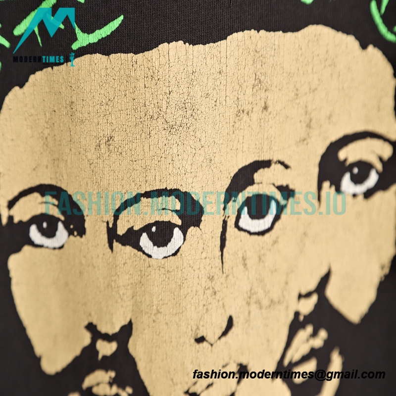 Saint Michael - Black Three-faced Man Made Old Printed Short-sleeved T-shirt