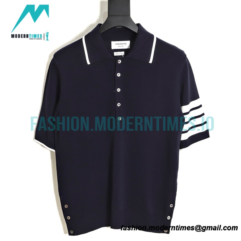 Thom Browne - 23SS Mulberry Silk Striped Polo Short-sleeved T-shirt