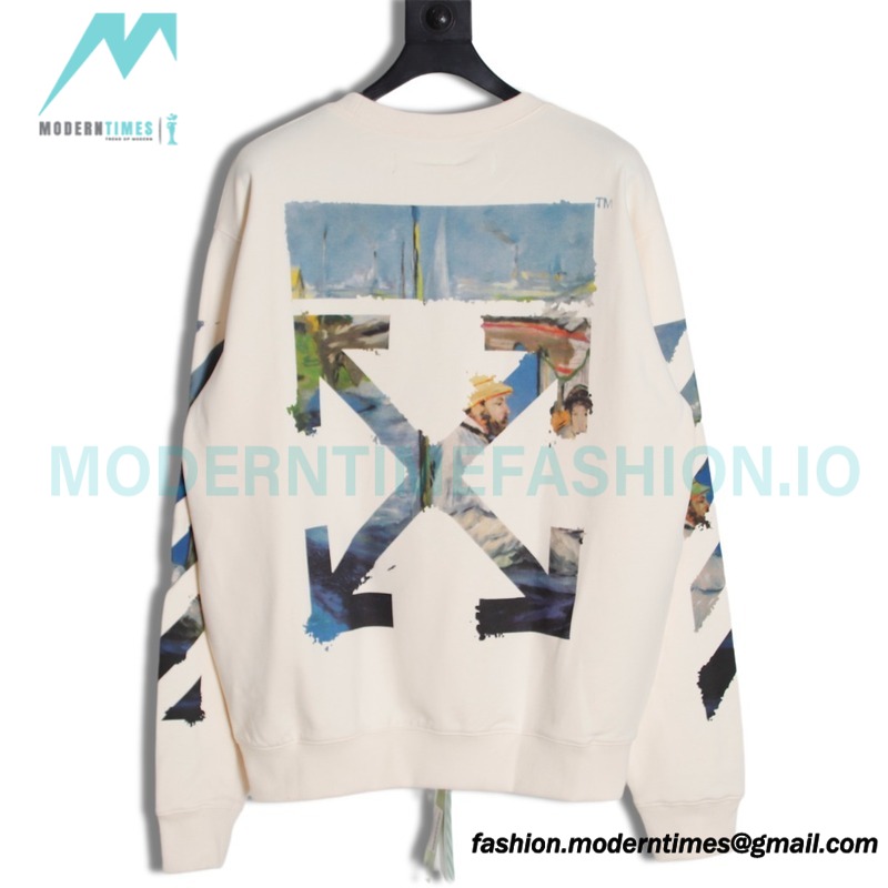 Off White - Monet Oil Painting Printed Crew-neck Hoodie Off White - Monet Oil Painting Printed Crew-neck Hoodie