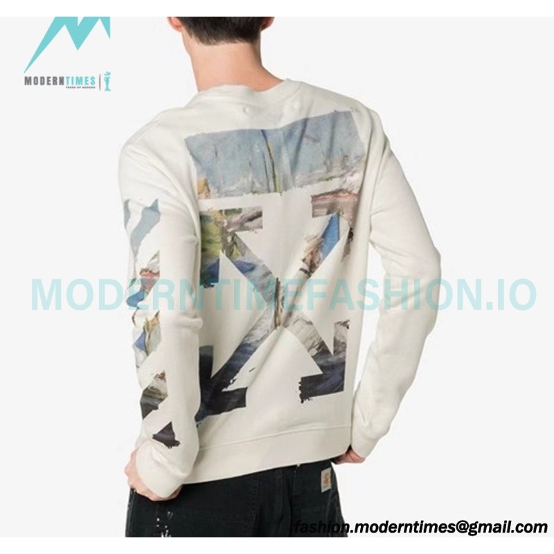 Off White - Monet Oil Painting Printed Crew-neck Hoodie Off White - Monet Oil Painting Printed Crew-neck Hoodie