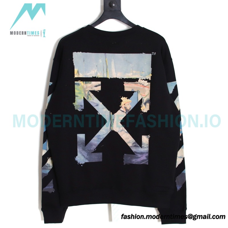 Off White - Monet Oil Painting Printed Crew-neck Hoodie Off White - Monet Oil Painting Printed Crew-neck Hoodie