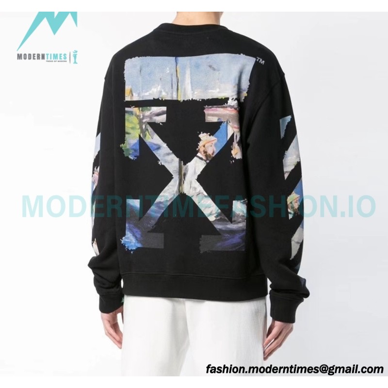 Off White - Monet Oil Painting Printed Crew-neck Hoodie Off White - Monet Oil Painting Printed Crew-neck Hoodie